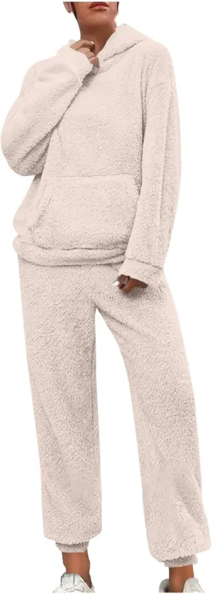 Plus Size 2 Piece Sets Women Long Sleeve Pajama Set Hooded Sweatshirt and Elastic Solid Pants Fuzzy Lounge Set