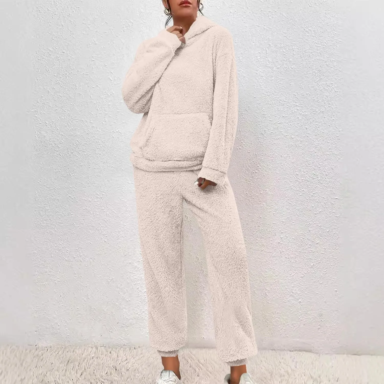 Plus Size 2 Piece Sets Women Long Sleeve Pajama Set Hooded Sweatshirt and Elastic Solid Pants Fuzzy Lounge Set