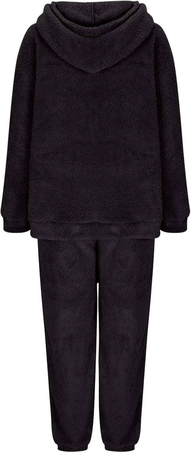 Plus Size 2 Piece Sets Women Long Sleeve Pajama Set Hooded Sweatshirt and Elastic Solid Pants Fuzzy Lounge Set