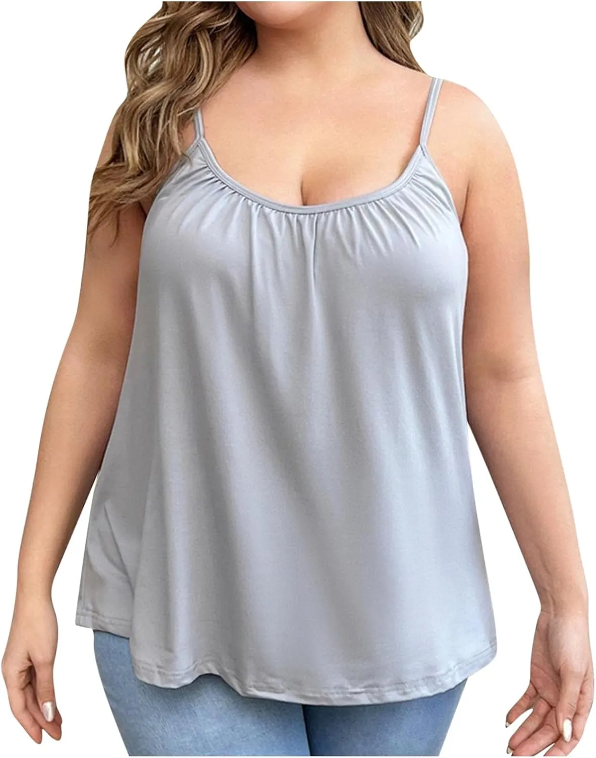 Plus Size Camisoles for Women Bulit in Bra Summer Casual Spaghetti Strap Tank Tops Loose Fit Sleeveless Pleated Shirt