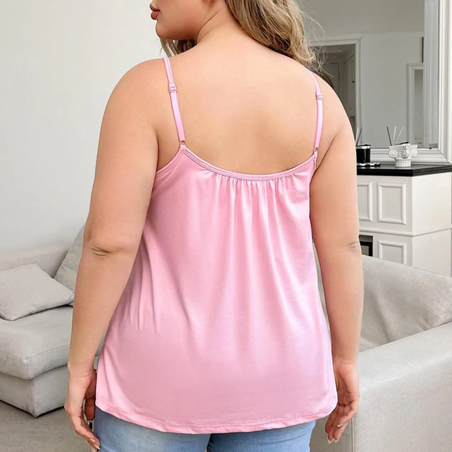 Plus Size Camisoles for Women Bulit in Bra Summer Casual Spaghetti Strap Tank Tops Loose Fit Sleeveless Pleated Shirt