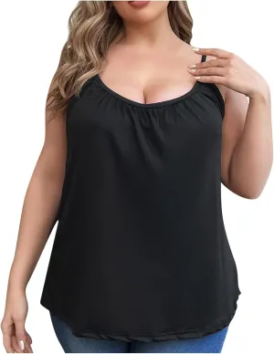 Plus Size Camisoles for Women Bulit in Bra Summer Casual Spaghetti Strap Tank Tops Loose Fit Sleeveless Pleated Shirt