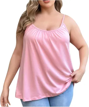 Plus Size Camisoles for Women Bulit in Bra Summer Casual Spaghetti Strap Tank Tops Loose Fit Sleeveless Pleated Shirt
