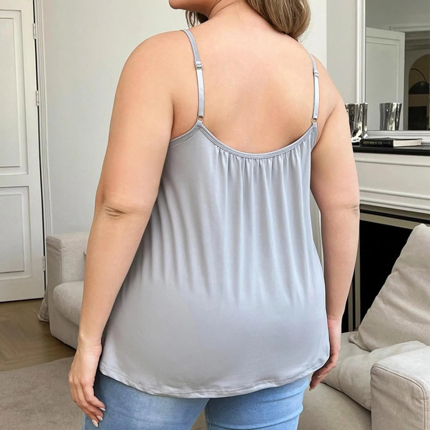 Plus Size Camisoles for Women Bulit in Bra Summer Casual Spaghetti Strap Tank Tops Loose Fit Sleeveless Pleated Shirt