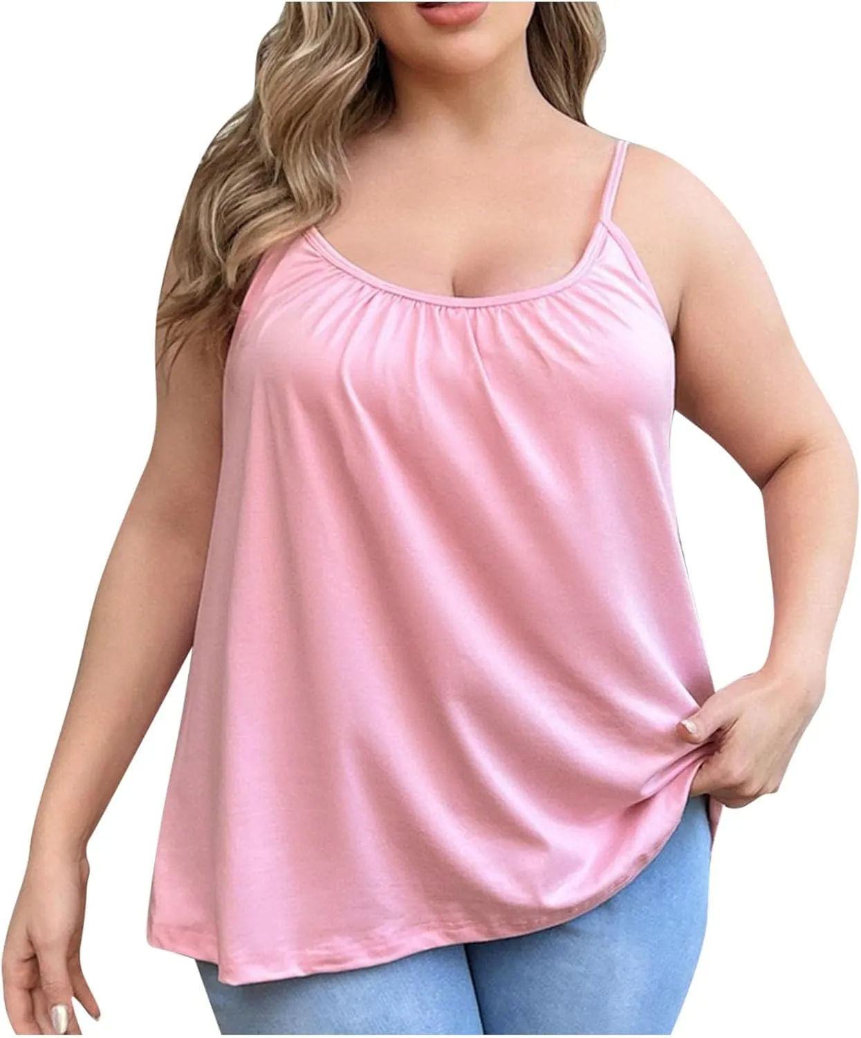 Plus Size Camisoles for Women Bulit in Bra Summer Casual Spaghetti Strap Tank Tops Loose Fit Sleeveless Pleated Shirt