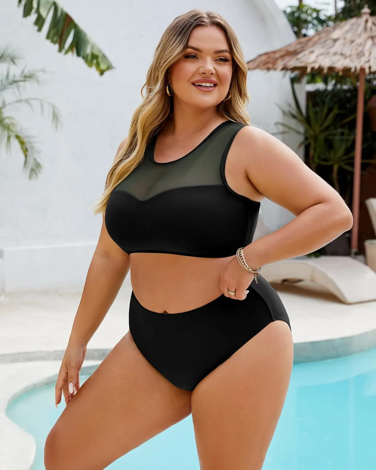 Plus Size Swimsuit for Women 2 Piece High Waisted Bikini Set Mesh Tummy Control Bathing Suits Modest Swim Suit