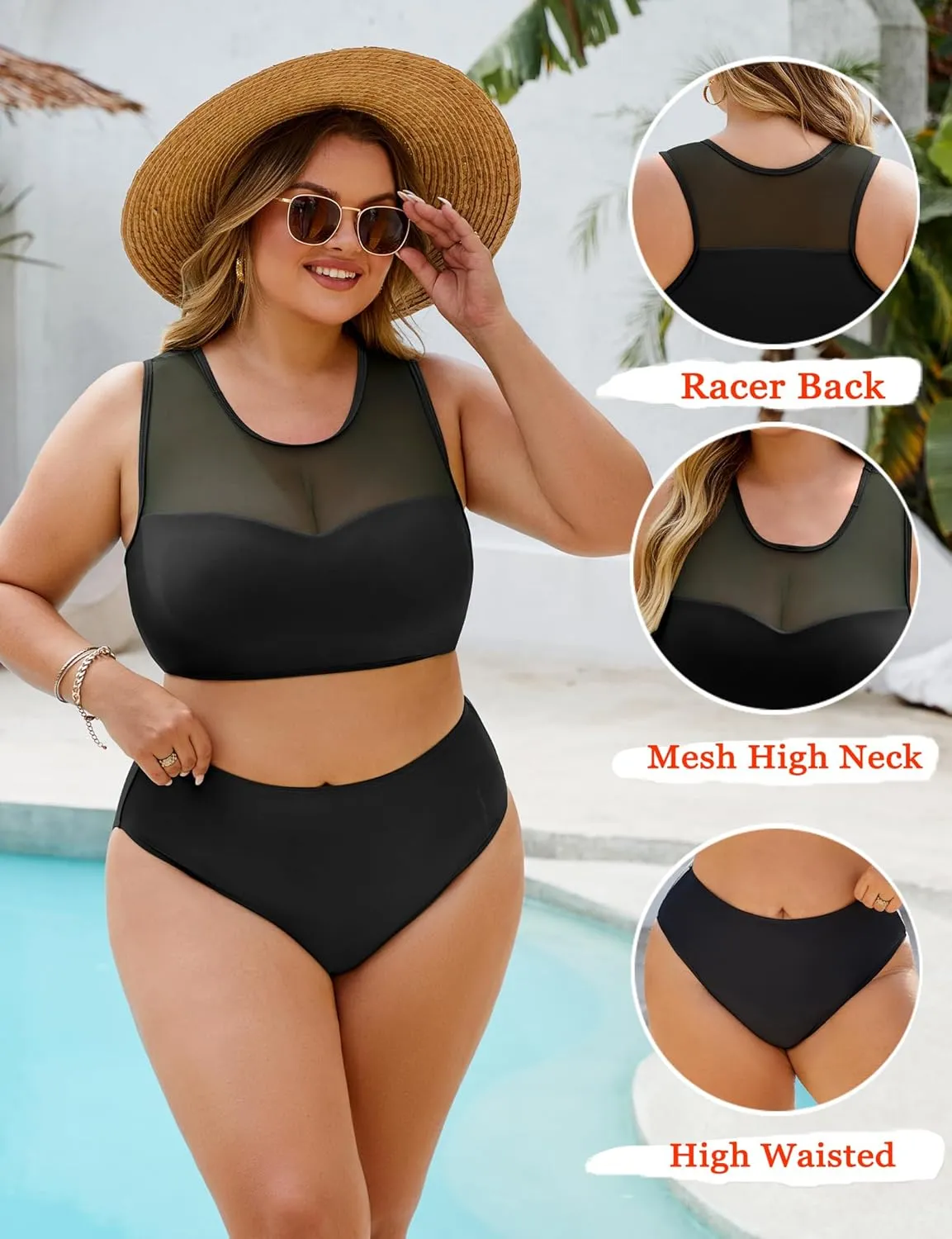 Plus Size Swimsuit for Women 2 Piece High Waisted Bikini Set Mesh Tummy Control Bathing Suits Modest Swim Suit