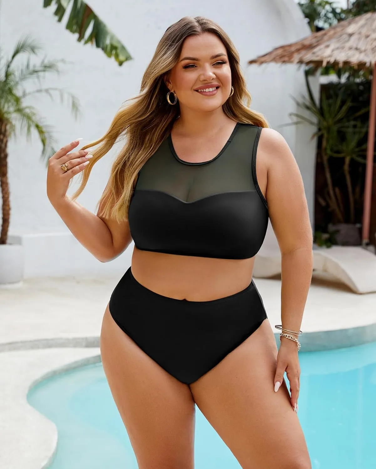 Plus Size Swimsuit for Women 2 Piece High Waisted Bikini Set Mesh Tummy Control Bathing Suits Modest Swim Suit
