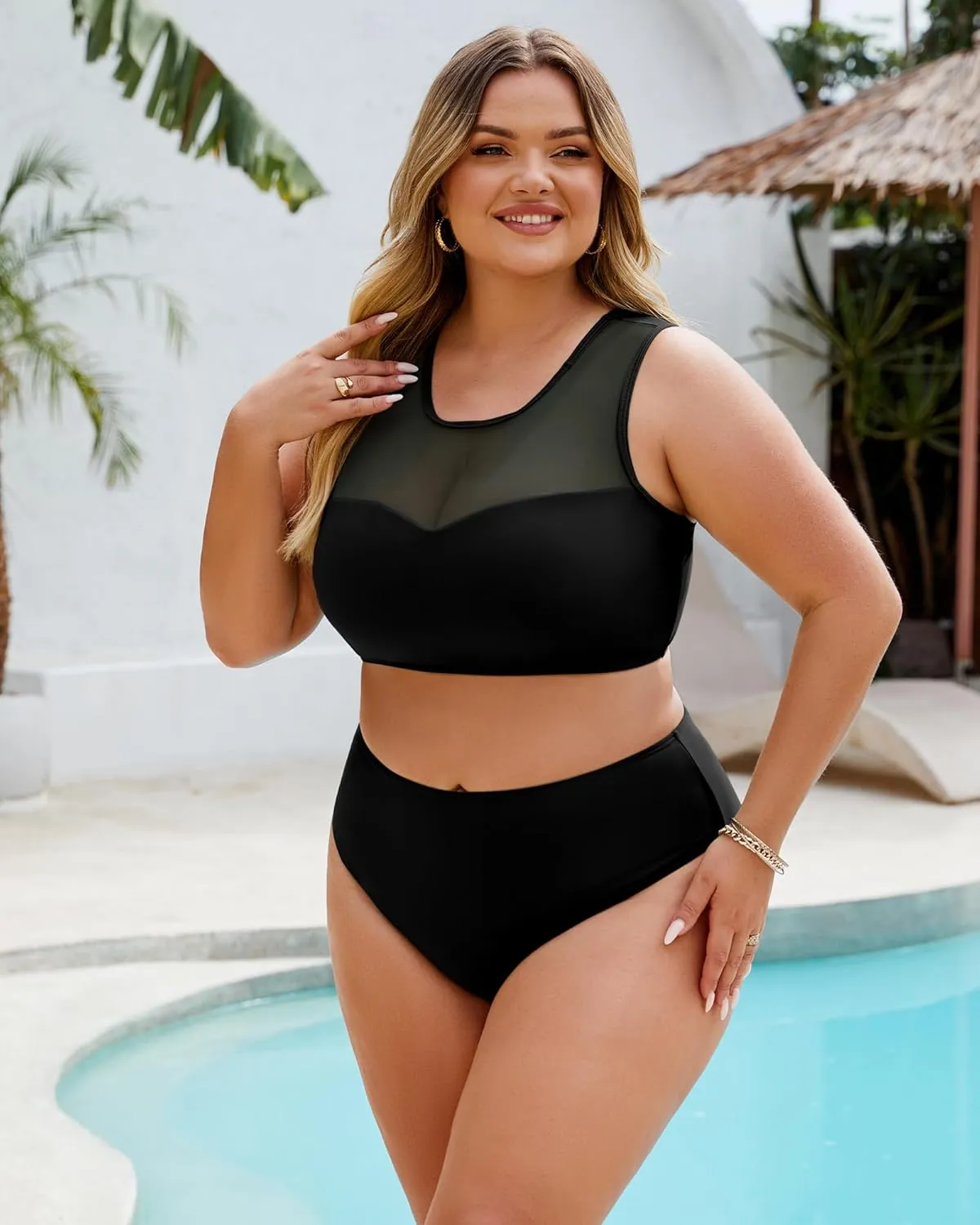 Plus Size Swimsuit for Women 2 Piece High Waisted Bikini Set Mesh Tummy Control Bathing Suits Modest Swim Suit
