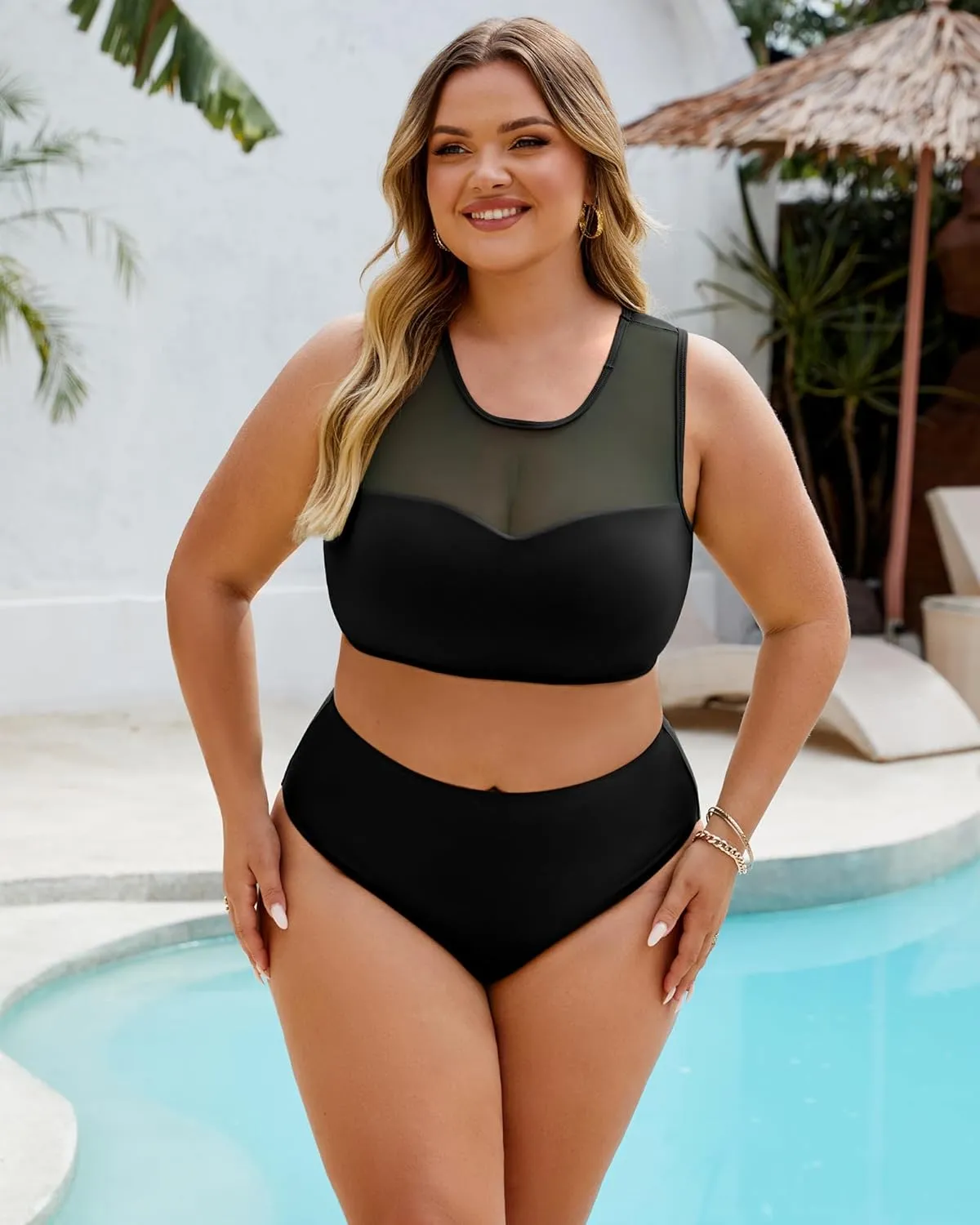 Plus Size Swimsuit for Women 2 Piece High Waisted Bikini Set Mesh Tummy Control Bathing Suits Modest Swim Suit