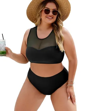 Plus Size Swimsuit for Women 2 Piece High Waisted Bikini Set Mesh Tummy Control Bathing Suits Modest Swim Suit