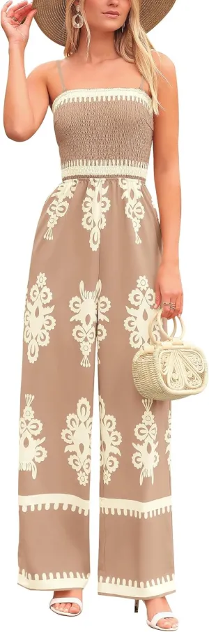PRETTYGARDEN Jumpsuits for Women 2025 Summer One Piece Beach Vacation Outfits Spaghetti Strap Wide Leg Pants Rompers