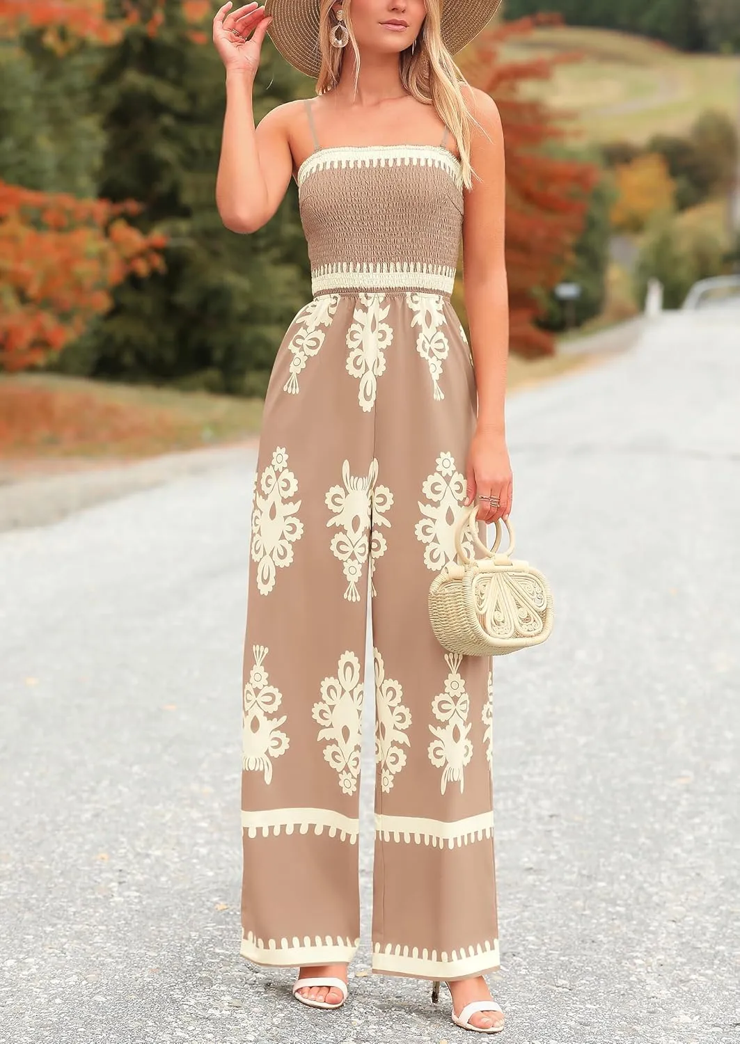 PRETTYGARDEN Jumpsuits for Women 2025 Summer One Piece Beach Vacation Outfits Spaghetti Strap Wide Leg Pants Rompers