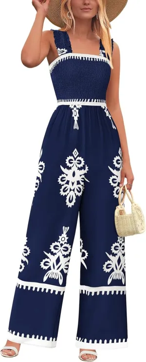 PRETTYGARDEN Womens Jumpsuit Casual One Piece Boho Summer Outfits Shirred Strap Wide Leg Long Pants Rompers With Pockets