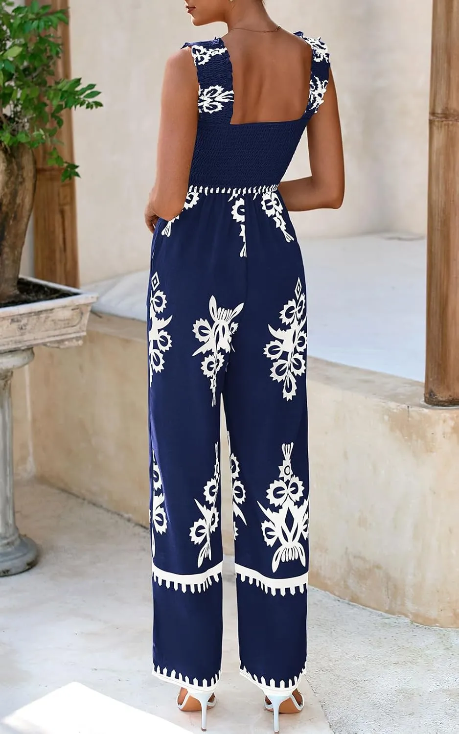 PRETTYGARDEN Womens Jumpsuit Casual One Piece Boho Summer Outfits Shirred Strap Wide Leg Long Pants Rompers With Pockets