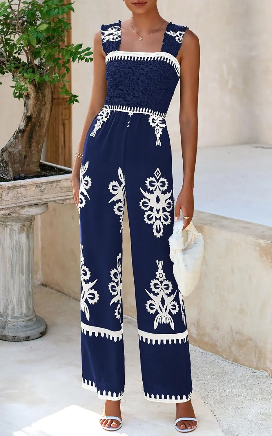 PRETTYGARDEN Womens Jumpsuit Casual One Piece Boho Summer Outfits Shirred Strap Wide Leg Long Pants Rompers With Pockets