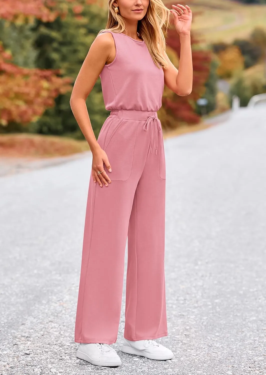 PRETTYGARDEN Womens Jumpsuits Summer Casual One Piece Outfits Sleeveless Wide Leg Long Pants Rompers