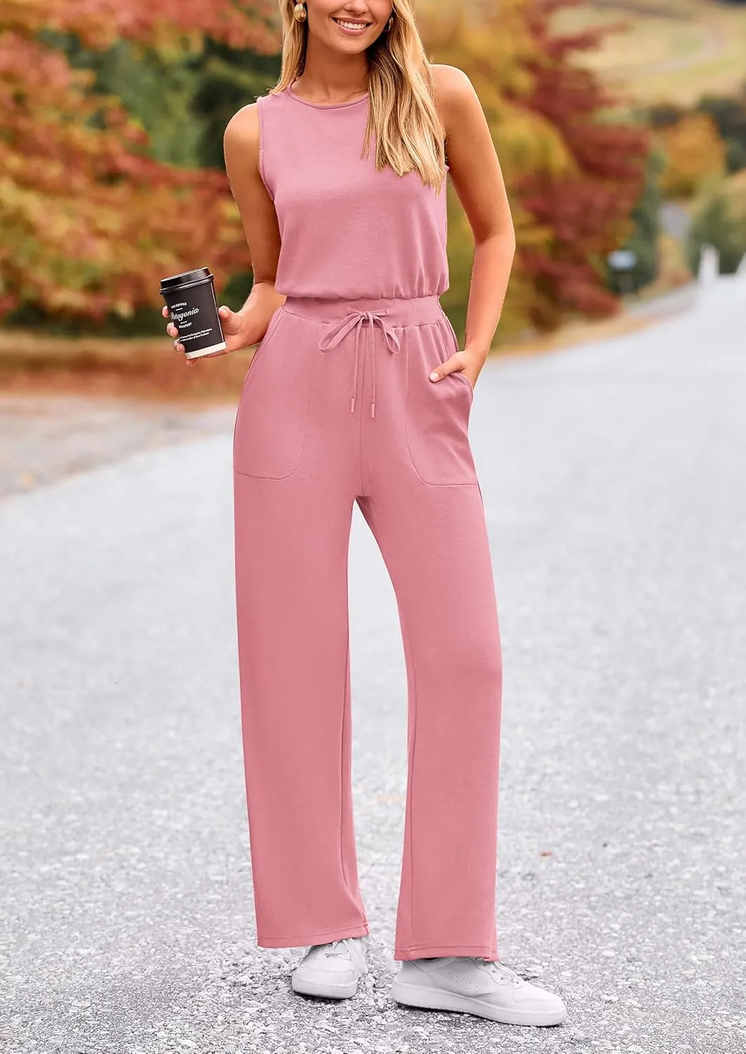 PRETTYGARDEN Womens Jumpsuits Summer Casual One Piece Outfits Sleeveless Wide Leg Long Pants Rompers