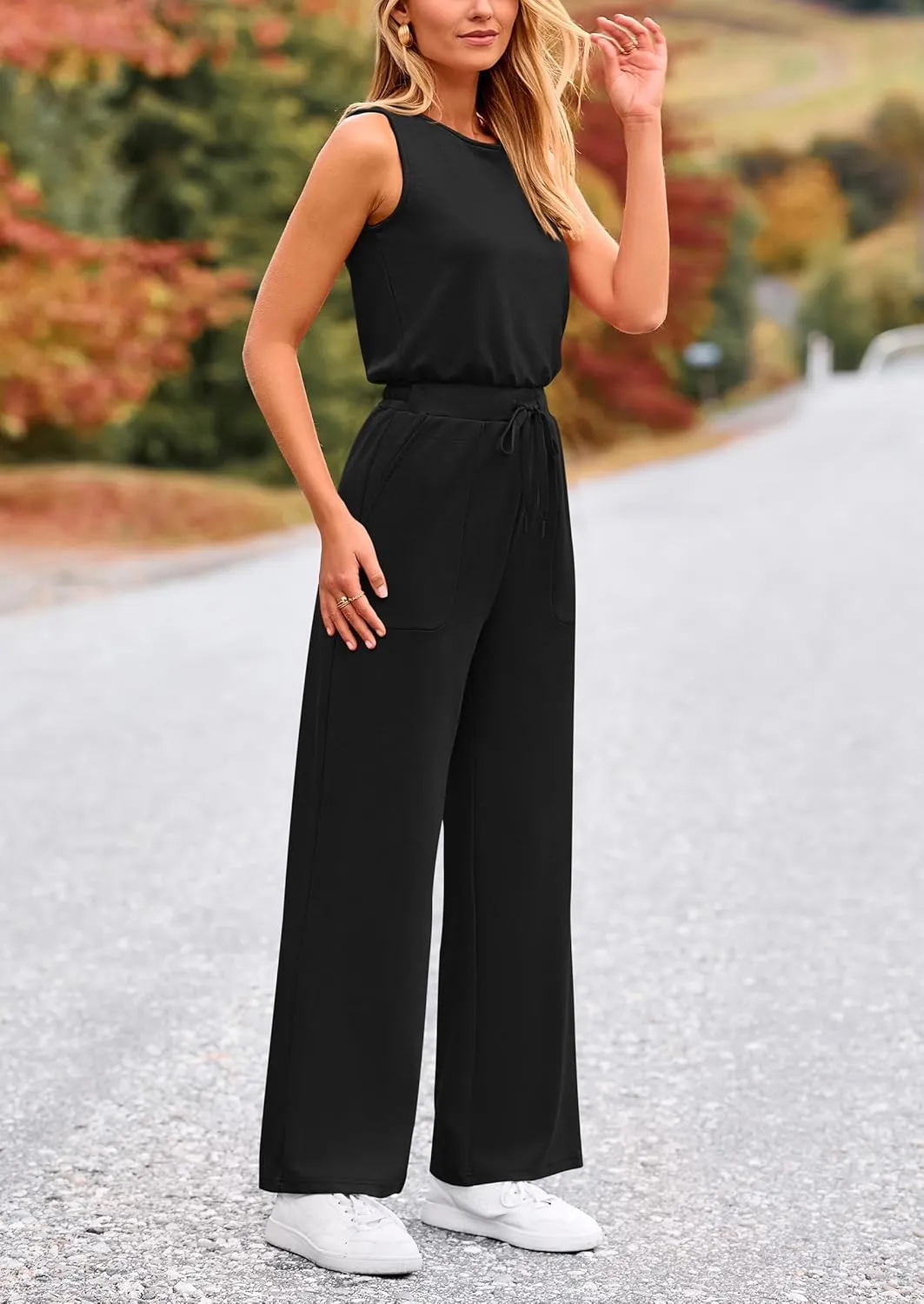 PRETTYGARDEN Womens Jumpsuits Summer Casual One Piece Outfits Sleeveless Wide Leg Long Pants Rompers