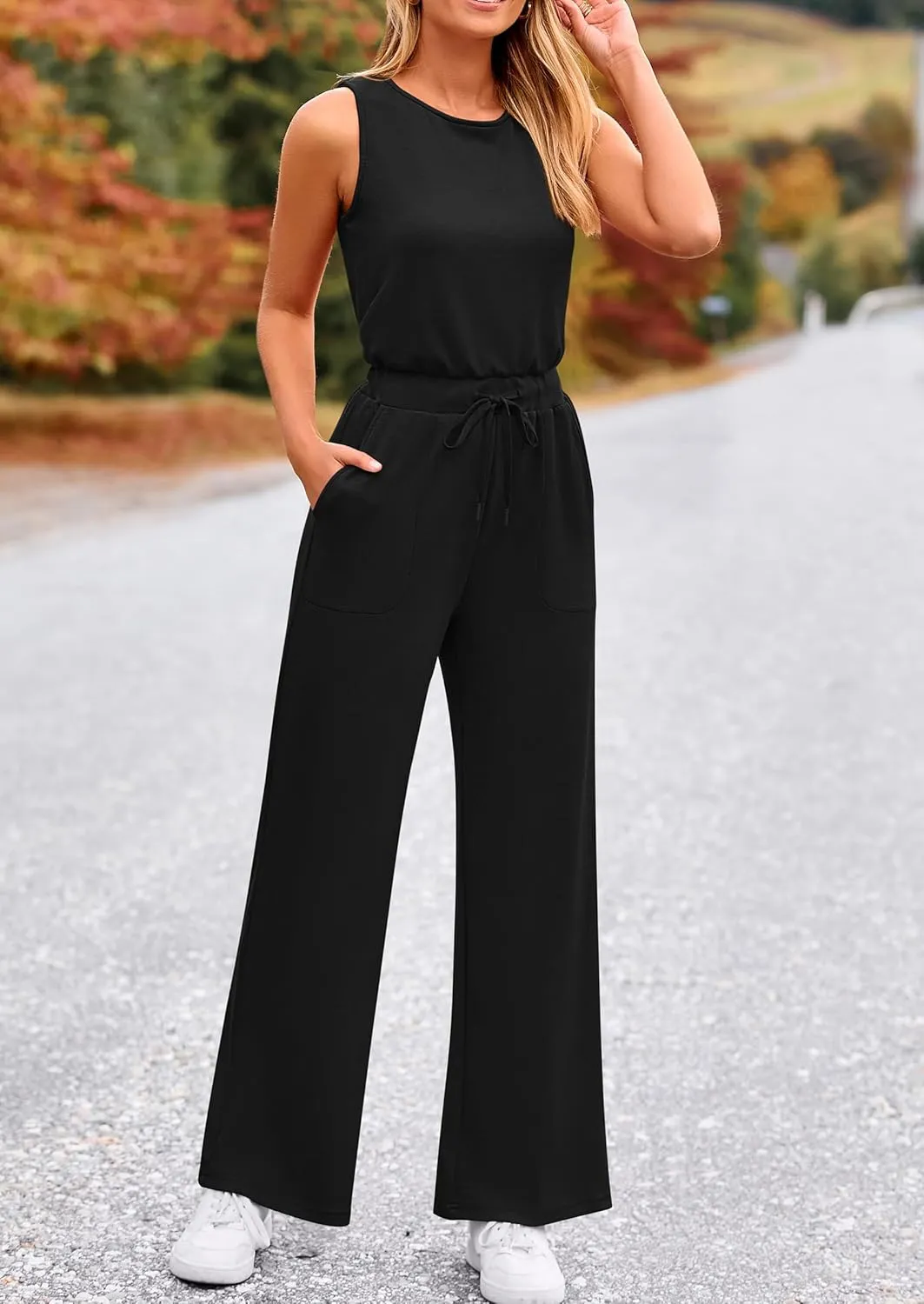PRETTYGARDEN Womens Jumpsuits Summer Casual One Piece Outfits Sleeveless Wide Leg Long Pants Rompers