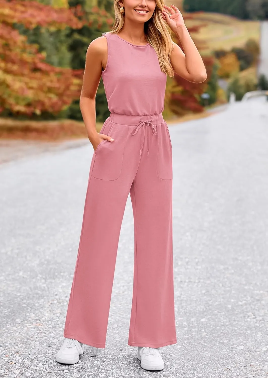 PRETTYGARDEN Womens Jumpsuits Summer Casual One Piece Outfits Sleeveless Wide Leg Long Pants Rompers