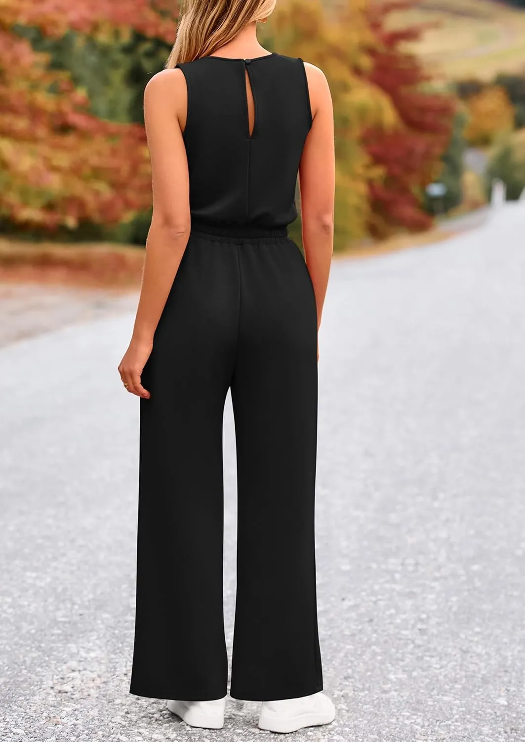 PRETTYGARDEN Womens Jumpsuits Summer Casual One Piece Outfits Sleeveless Wide Leg Long Pants Rompers