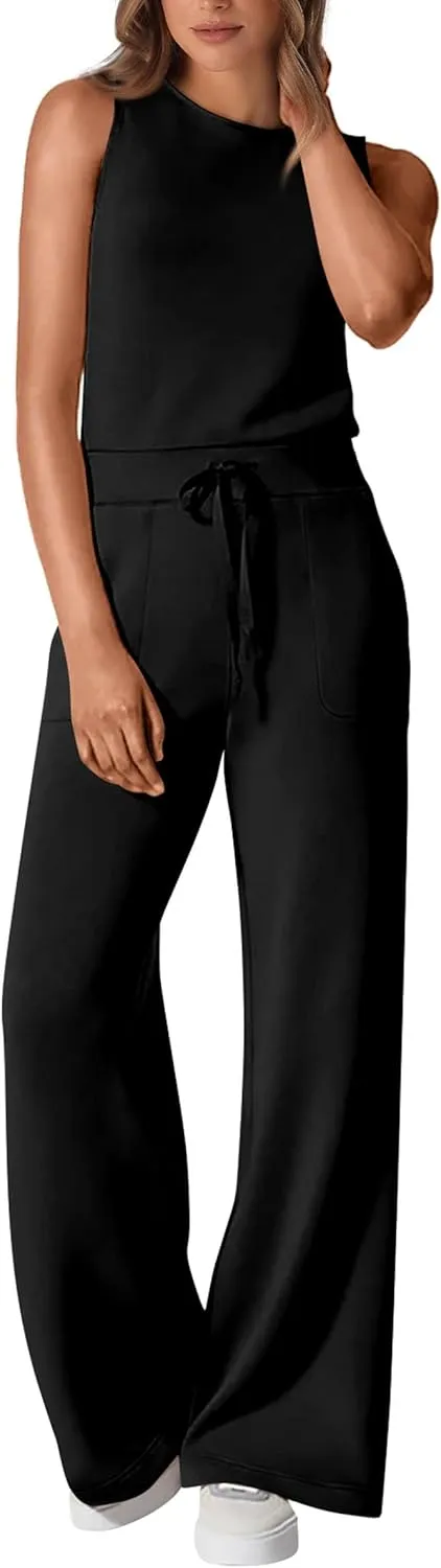 PRETTYGARDEN Womens Jumpsuits Summer Casual One Piece Outfits Sleeveless Wide Leg Long Pants Rompers