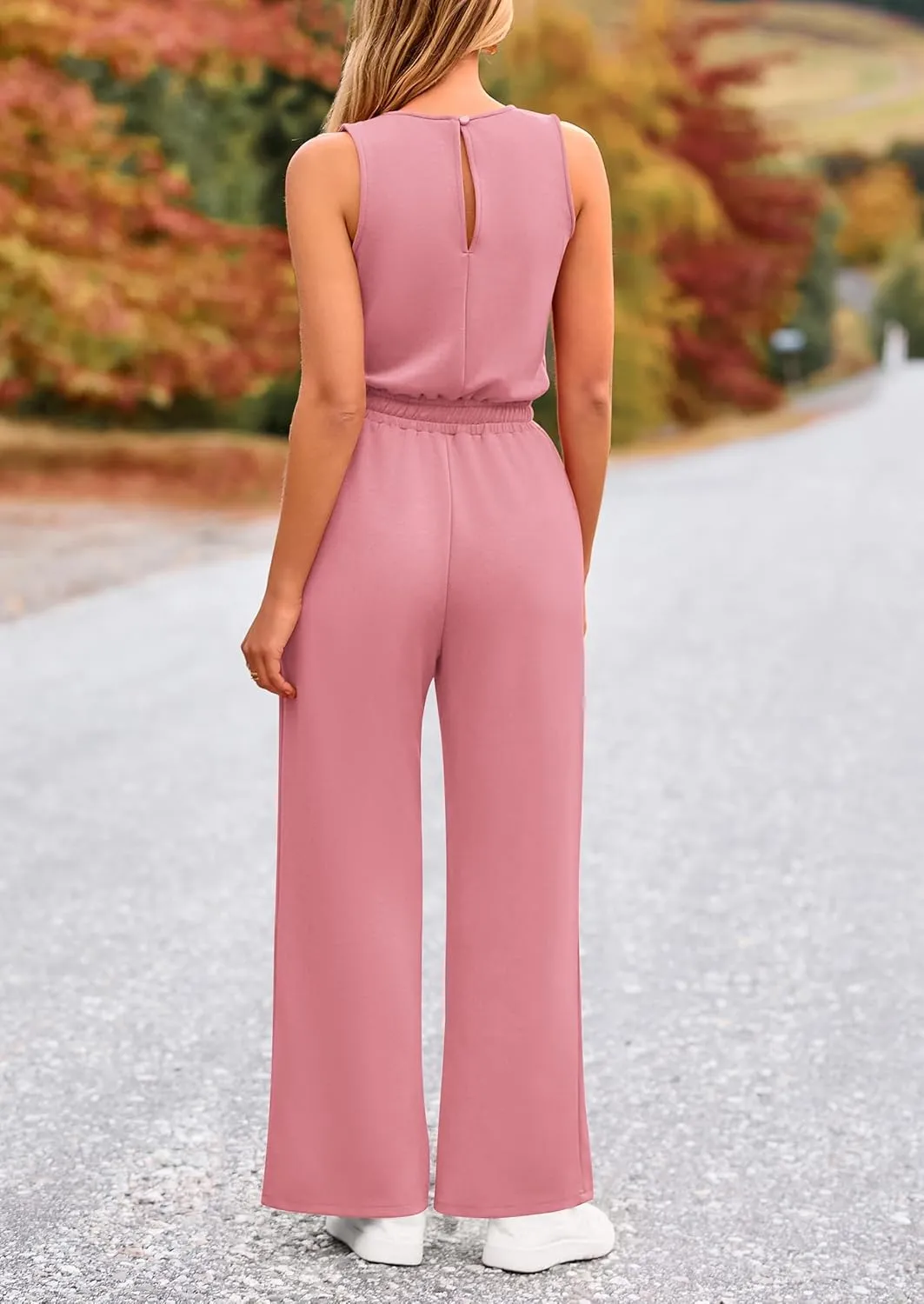 PRETTYGARDEN Womens Jumpsuits Summer Casual One Piece Outfits Sleeveless Wide Leg Long Pants Rompers