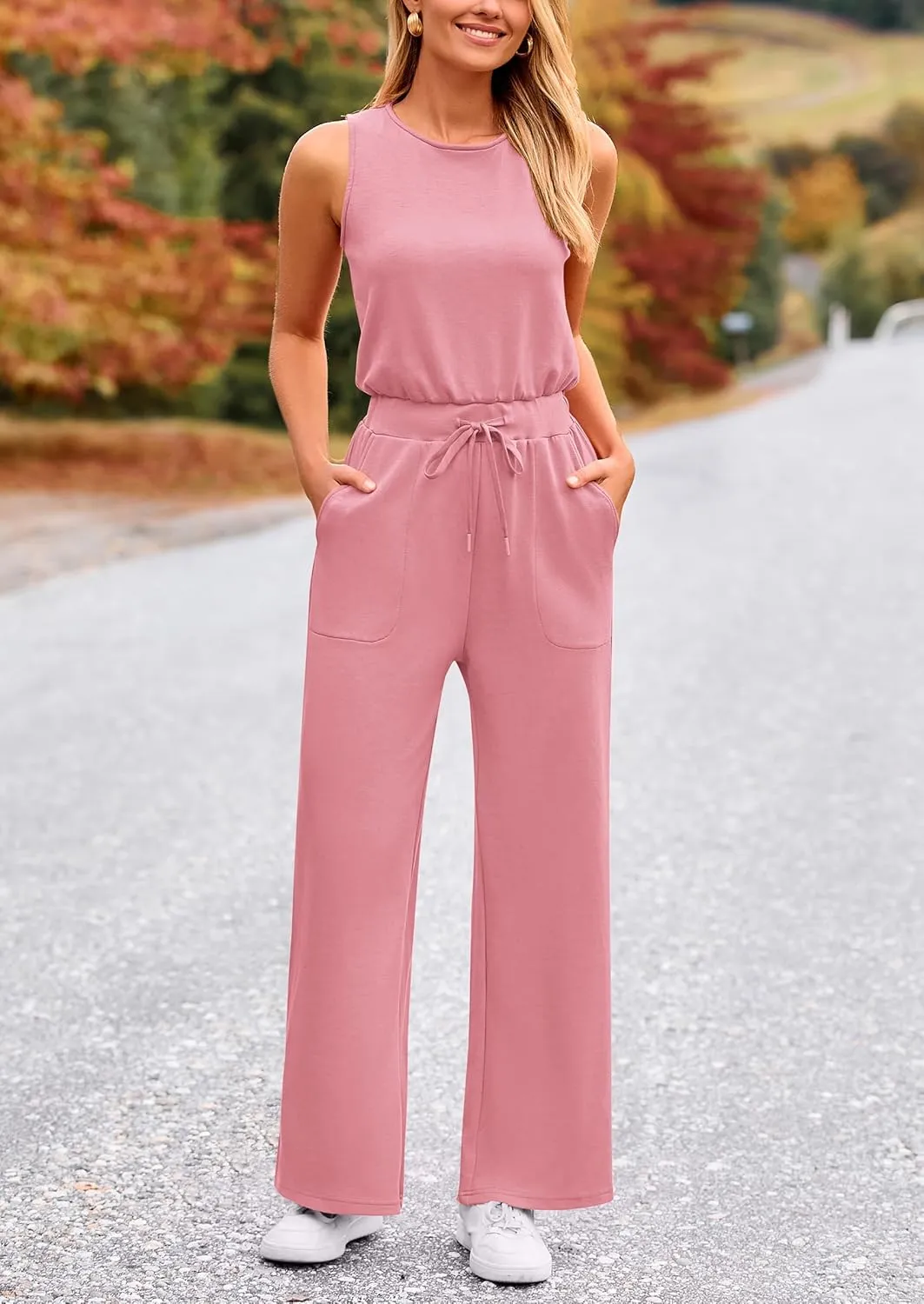 PRETTYGARDEN Womens Jumpsuits Summer Casual One Piece Outfits Sleeveless Wide Leg Long Pants Rompers
