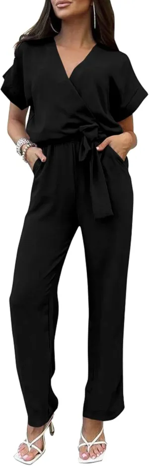 PRETTYGARDEN Women's Summer One Piece Jumpsuits Belted Short Sleeve Wrap V Neck Fashion Dressy Casual Wide Leg Pants Romper