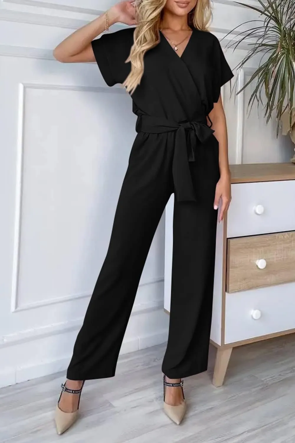 PRETTYGARDEN Women's Summer One Piece Jumpsuits Belted Short Sleeve Wrap V Neck Fashion Dressy Casual Wide Leg Pants Romper