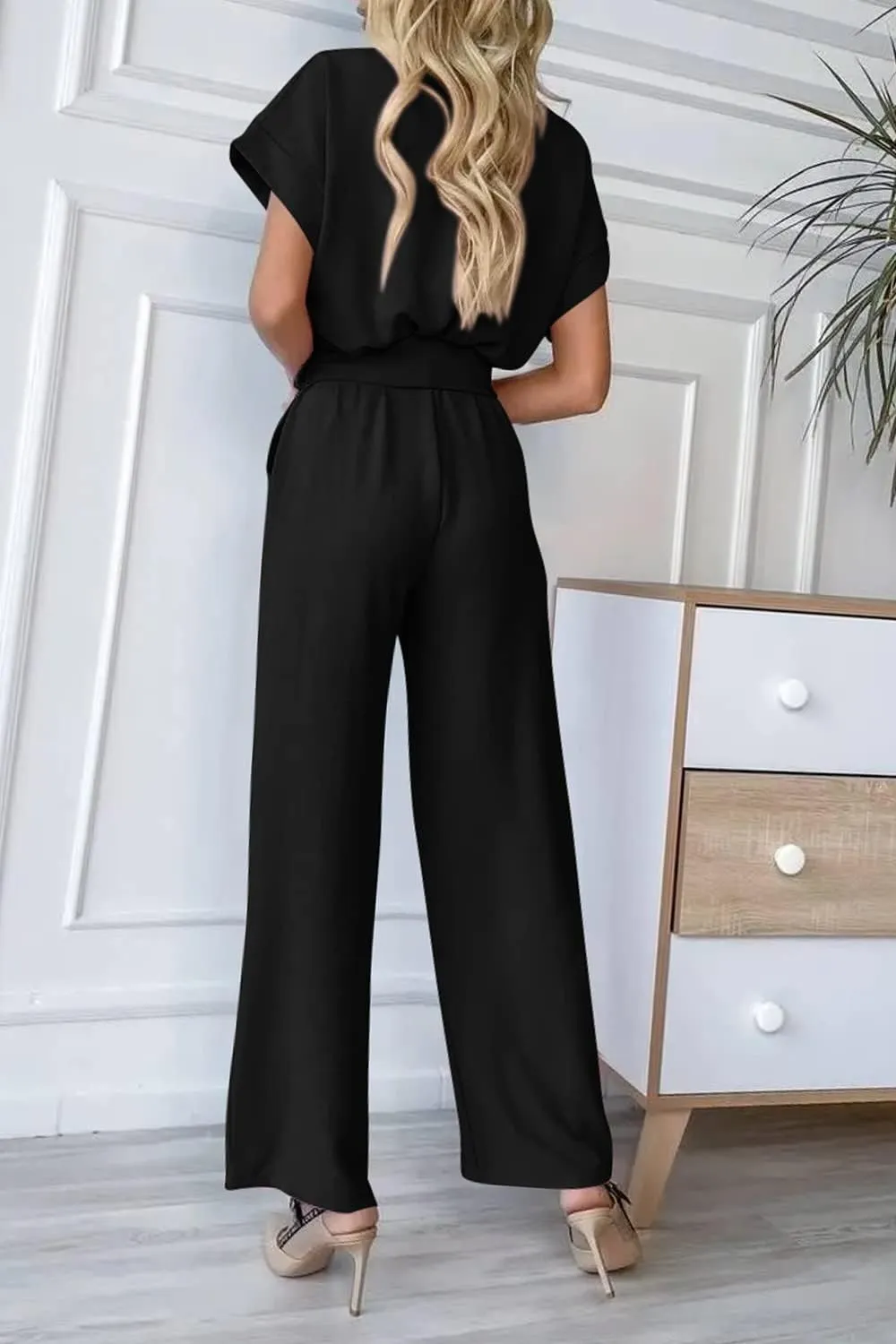 PRETTYGARDEN Women's Summer One Piece Jumpsuits Belted Short Sleeve Wrap V Neck Fashion Dressy Casual Wide Leg Pants Romper
