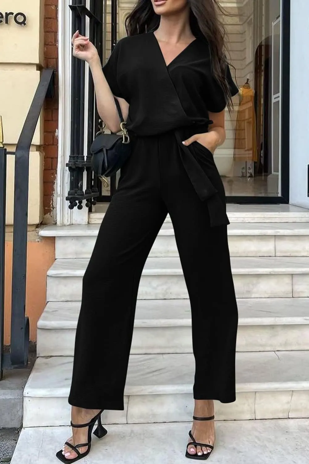 PRETTYGARDEN Women's Summer One Piece Jumpsuits Belted Short Sleeve Wrap V Neck Fashion Dressy Casual Wide Leg Pants Romper
