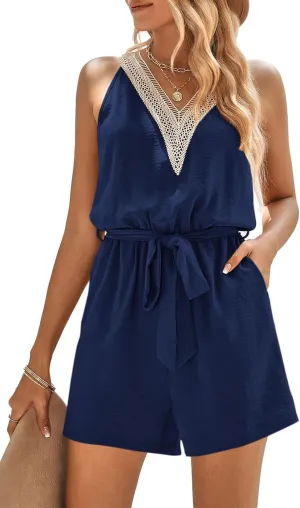 PRETTYGARDEN Women's Summer Sexy V Neck Romper 2025 Fashion Sleeveless Casual Waist Tie Short Jumpsuit With Pocket
