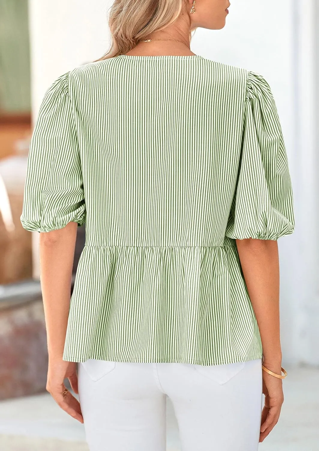 PRETTYGARDEN Women's Summer Tie Front Striped Shirt 2025 Trendy Cute Babydoll Tops Fashion Peplum Puffy Sleeve Blouse