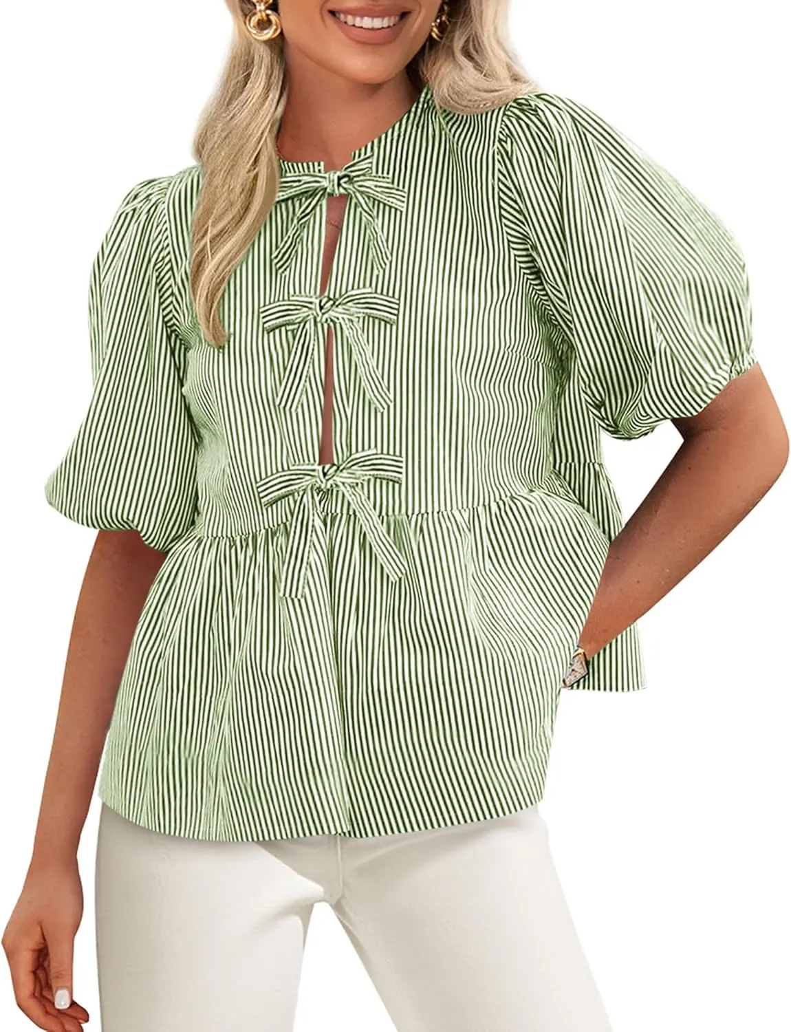PRETTYGARDEN Women's Summer Tie Front Striped Shirt 2025 Trendy Cute Babydoll Tops Fashion Peplum Puffy Sleeve Blouse