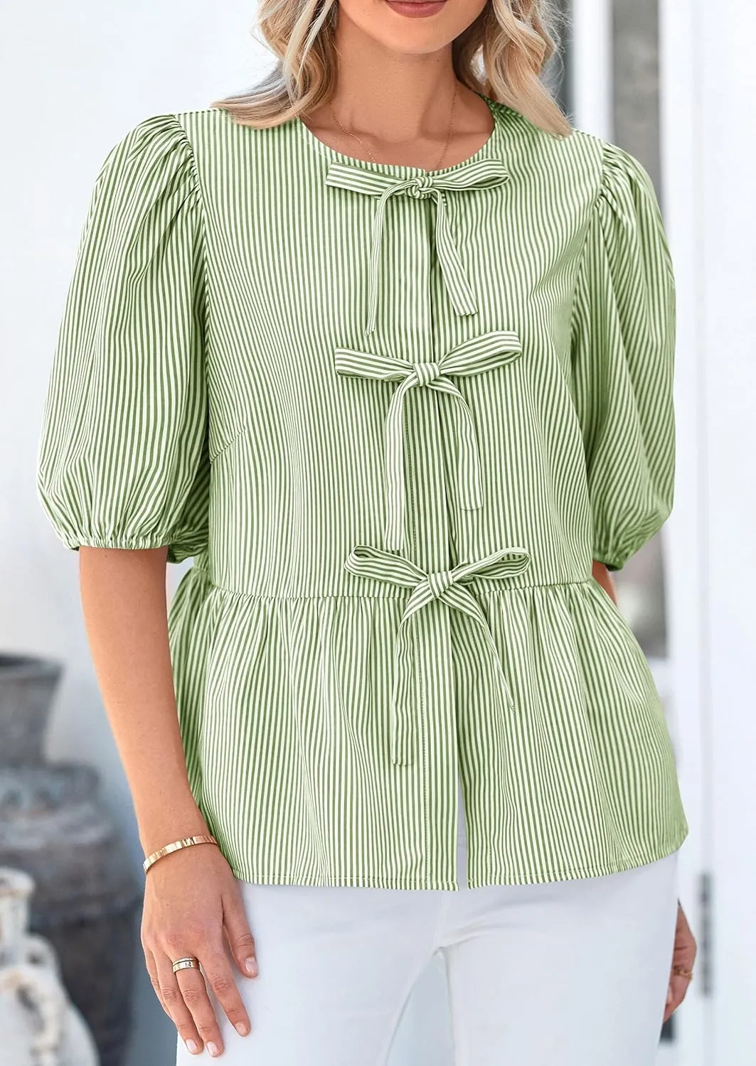 PRETTYGARDEN Women's Summer Tie Front Striped Shirt 2025 Trendy Cute Babydoll Tops Fashion Peplum Puffy Sleeve Blouse
