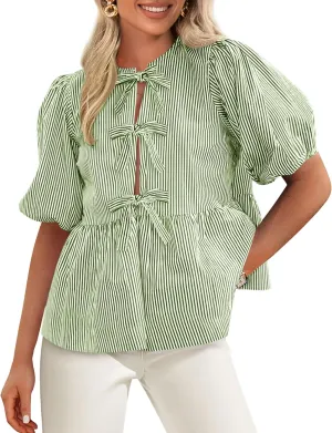 PRETTYGARDEN Women's Summer Tie Front Striped Shirt 2025 Trendy Cute Babydoll Tops Fashion Peplum Puffy Sleeve Blouse