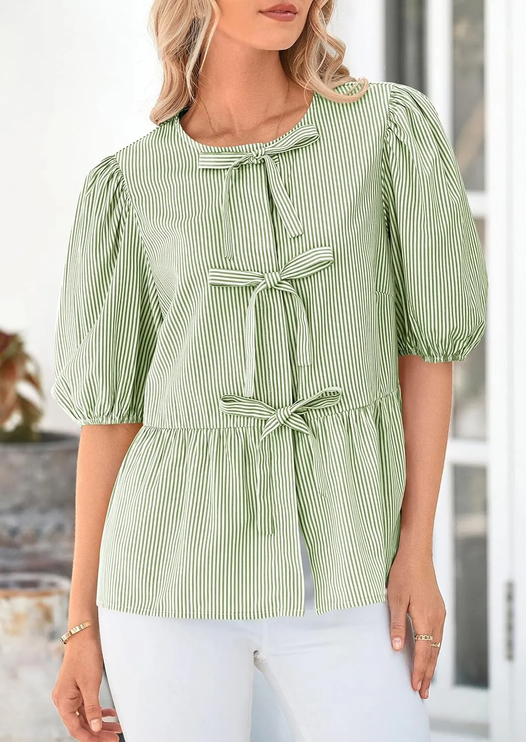 PRETTYGARDEN Women's Summer Tie Front Striped Shirt 2025 Trendy Cute Babydoll Tops Fashion Peplum Puffy Sleeve Blouse