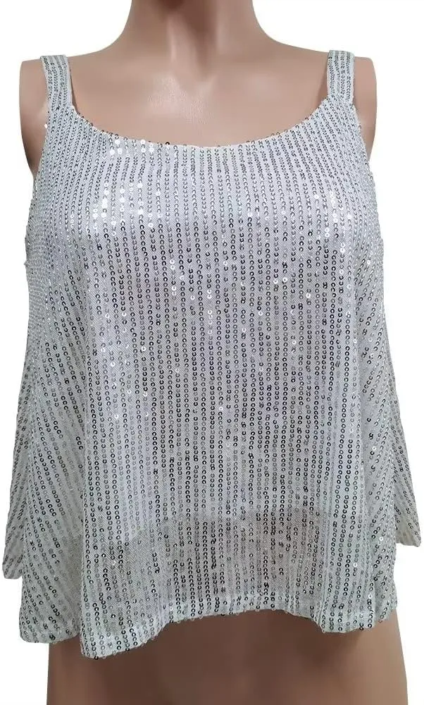 qfmqkpi Sequin Tank Tops for Women Sparkly Sleeveless Strappy Glitter Flowy Cami Tops