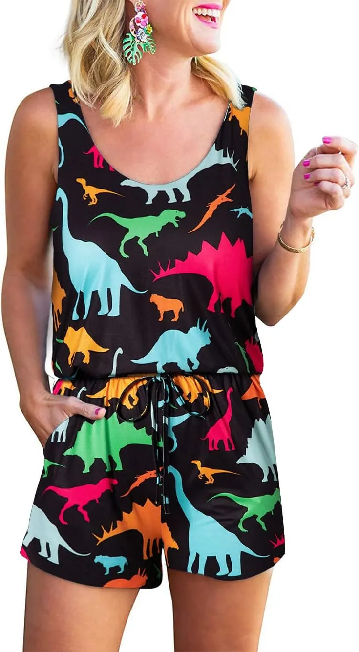 RAISEVERN Womens Rompers Summer Short Jumpsuits Casual Scoop Neck Sleeveless Romper with Pockets