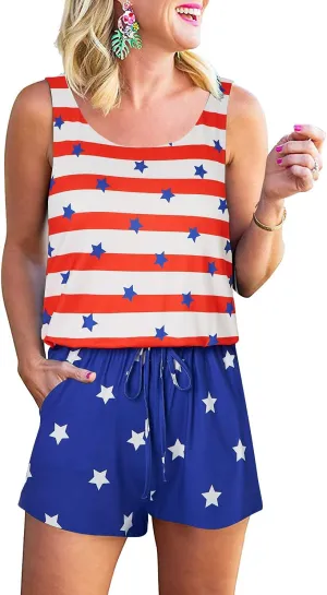 RAISEVERN Womens Rompers Summer Short Jumpsuits Casual Scoop Neck Sleeveless Romper with Pockets