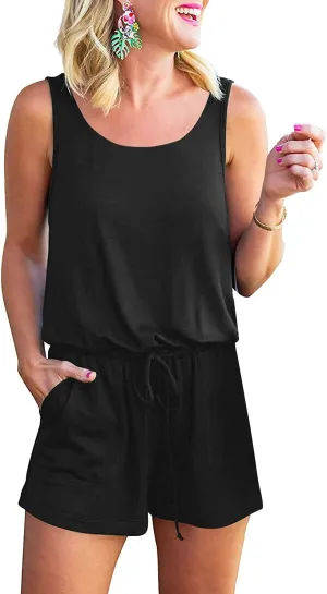 RAISEVERN Womens Rompers Summer Short Jumpsuits Casual Scoop Neck Sleeveless Romper with Pockets