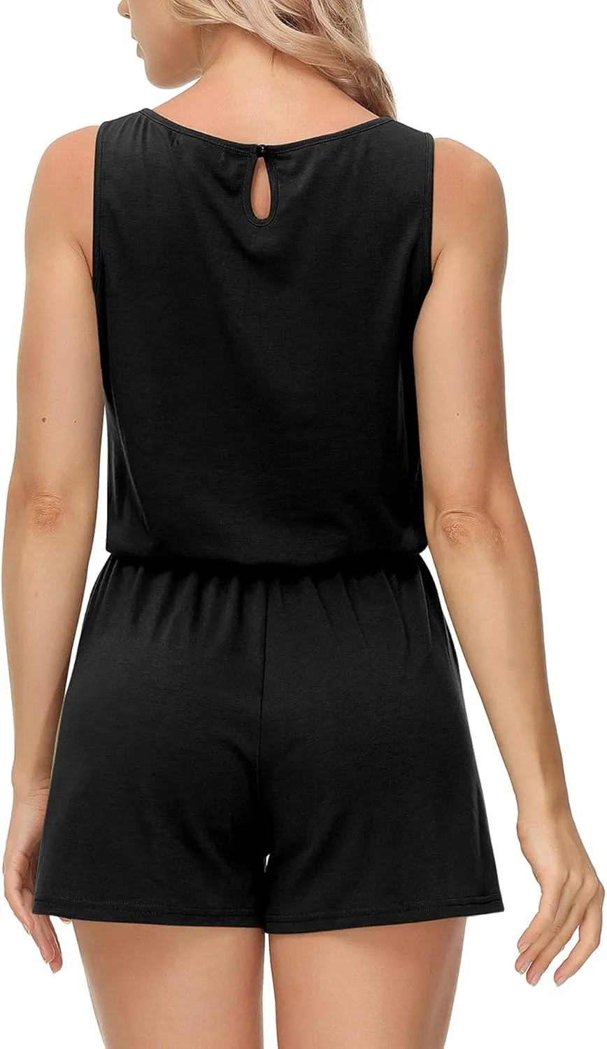 RAISEVERN Womens Rompers Summer Short Jumpsuits Casual Scoop Neck Sleeveless Romper with Pockets