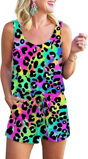 RAISEVERN Womens Rompers Summer Short Jumpsuits Casual Scoop Neck Sleeveless Romper with Pockets