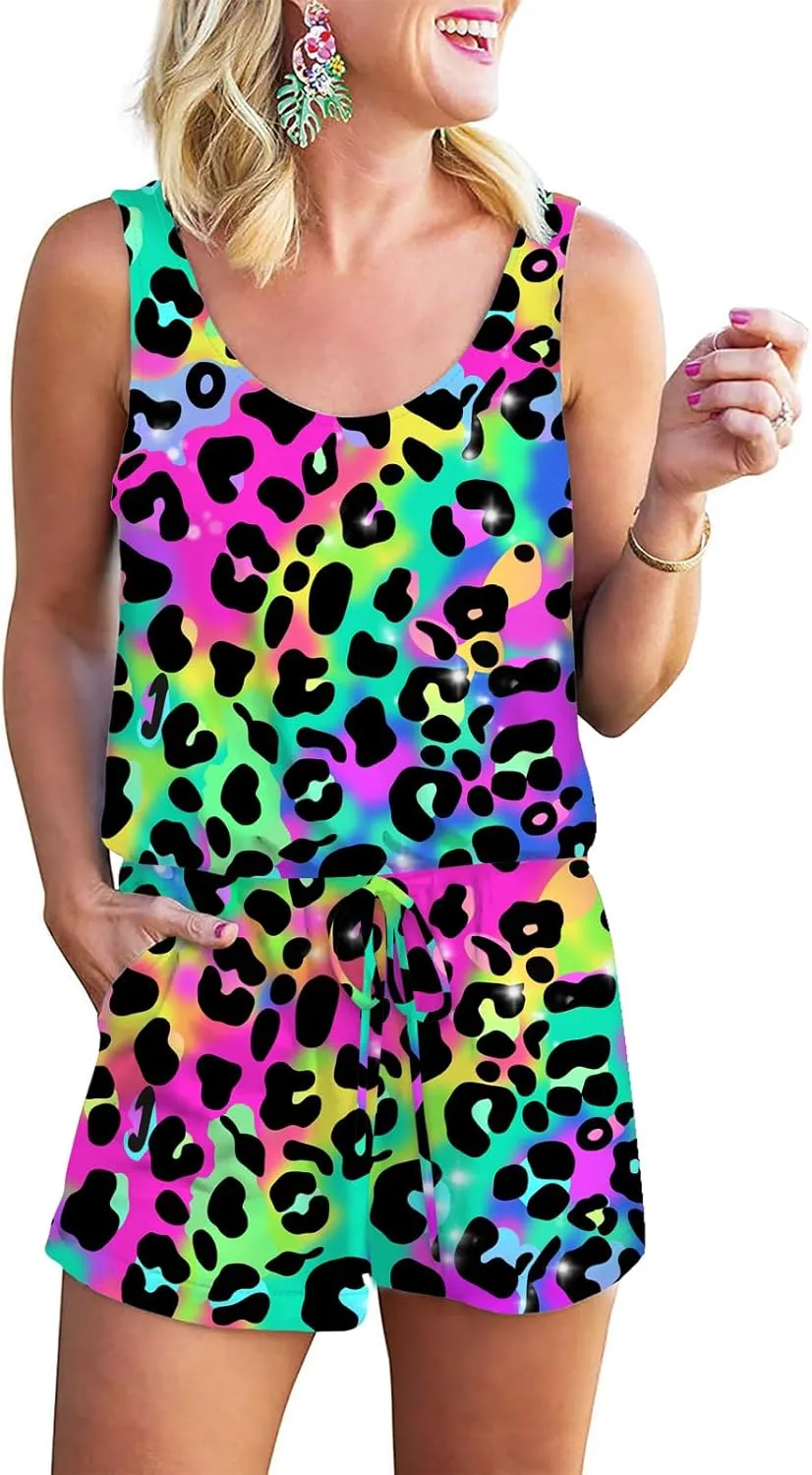 RAISEVERN Womens Rompers Summer Short Jumpsuits Casual Scoop Neck Sleeveless Romper with Pockets