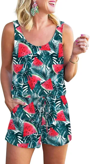 RAISEVERN Womens Rompers Summer Short Jumpsuits Casual Scoop Neck Sleeveless Romper with Pockets