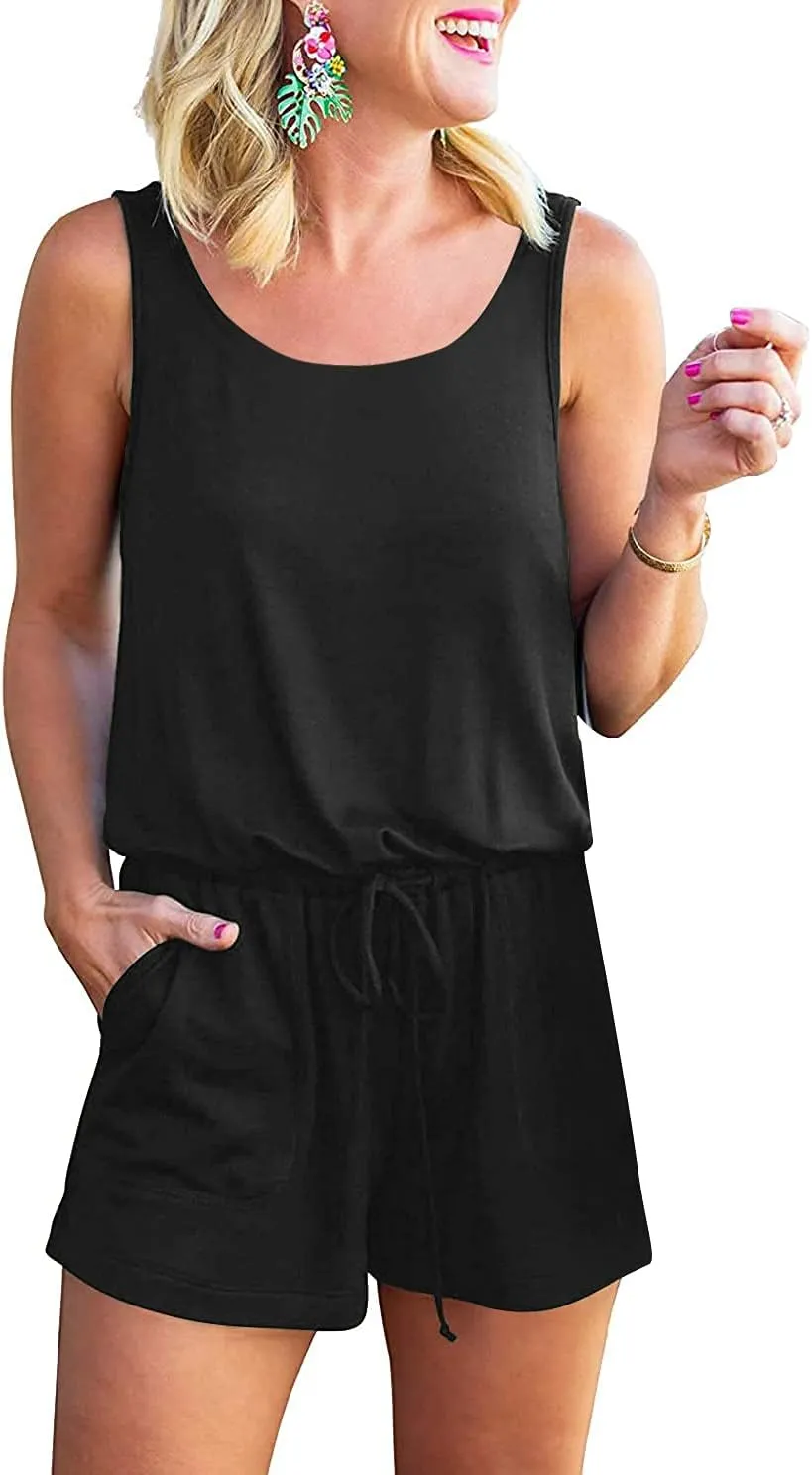 RAISEVERN Womens Rompers Summer Short Jumpsuits Casual Scoop Neck Sleeveless Romper with Pockets