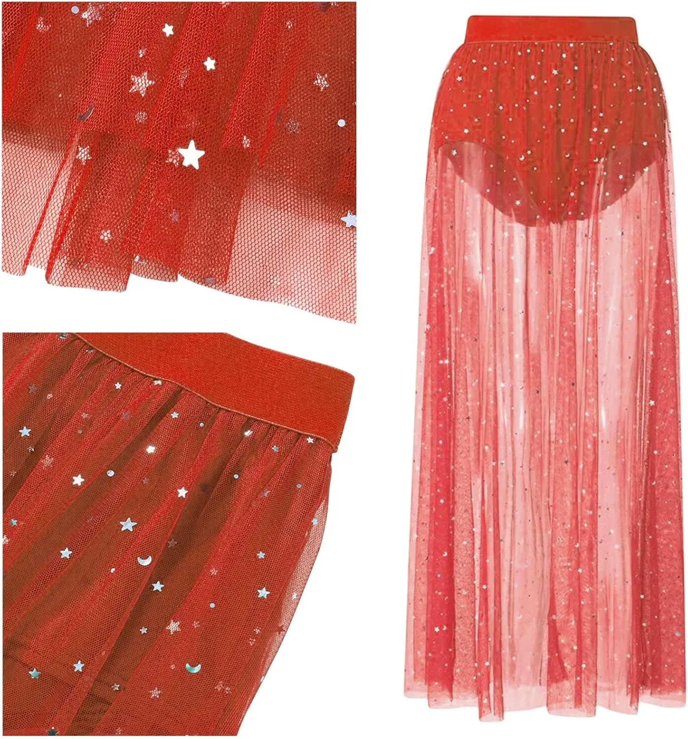 Rave Outfits for Women 2 in 1 Sheer Skirt Festival Clubwear Mesh High Waist Print A Line Maxi Skirt