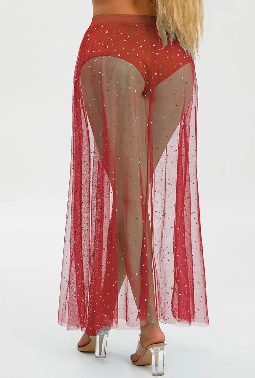 Rave Outfits for Women 2 in 1 Sheer Skirt Festival Clubwear Mesh High Waist Print A Line Maxi Skirt